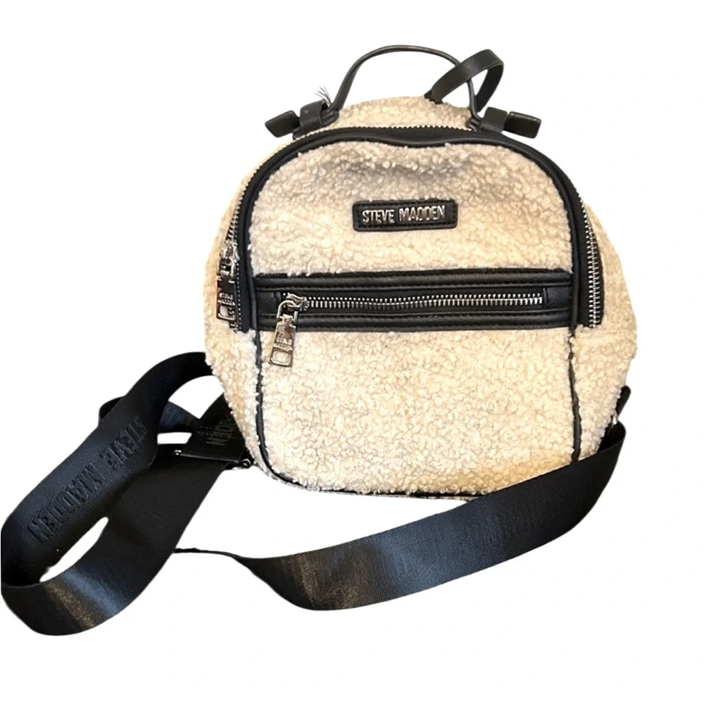Steve Madden Mini Sherpa Adjustable Backpack Bag | Cream and Black